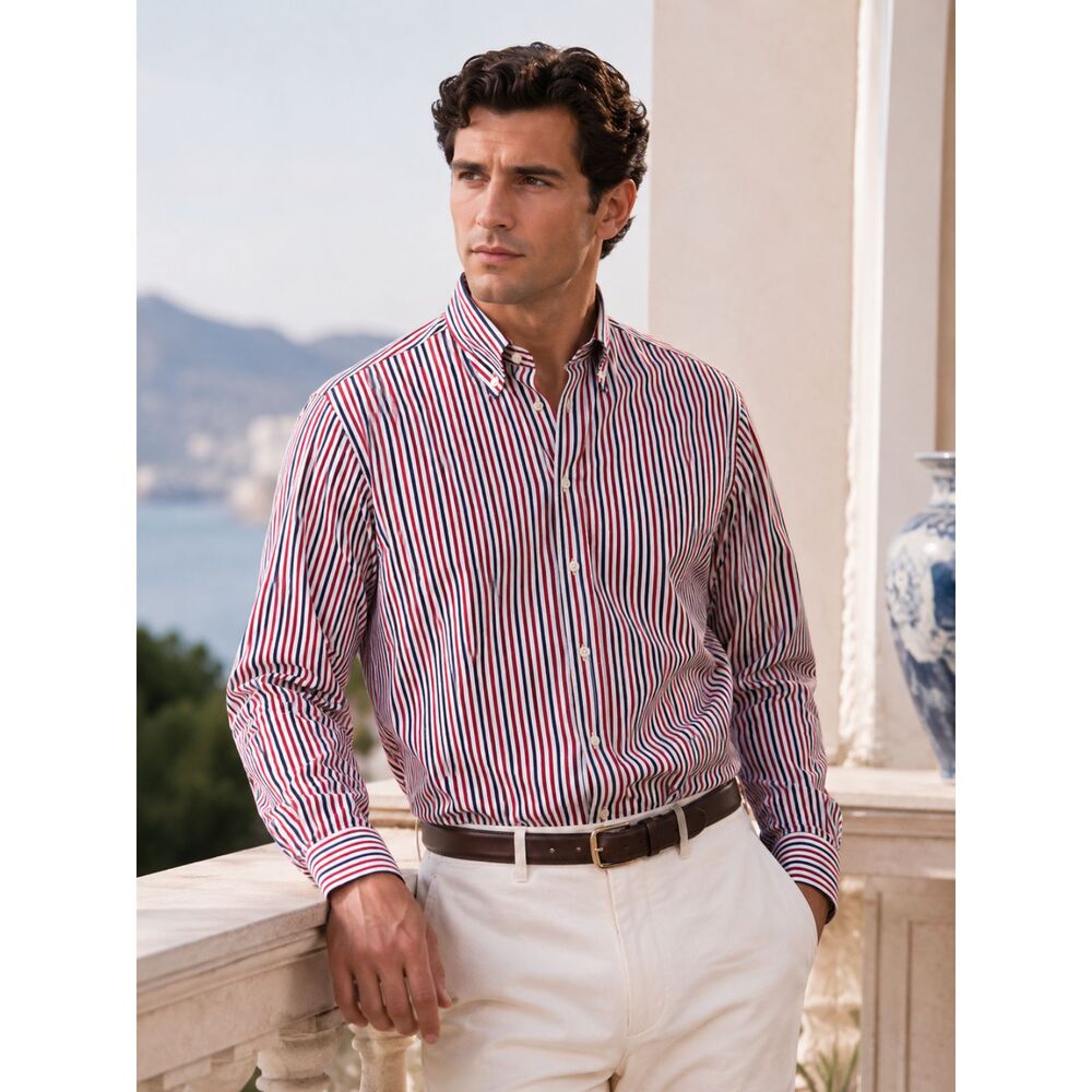 Carolina Herrera Blue Red Stripe Button Up Long Sleeve Shirt Top  Mens Size 17